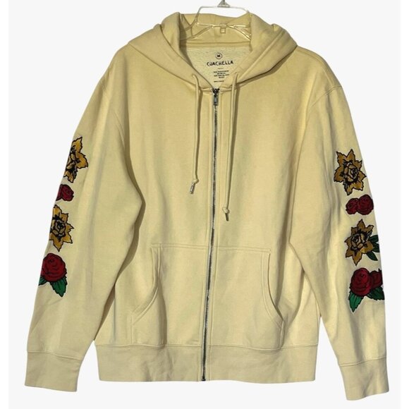 VTG Coachella Music Arts Festival Ivory Embroidered Flowers Zip Hoodie - Picture 2 of 10
